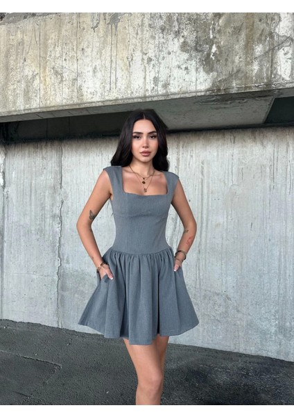 Kolsuz Mini Elbise- Gri