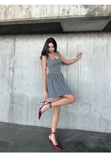 Kolsuz Mini Elbise- Gri