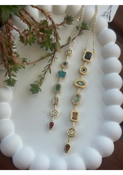 Çelik Renkli Taşlı Yedi Element Kolye Y Kolye