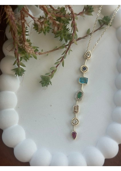 Çelik Renkli Taşlı Yedi Element Kolye Y Kolye modelleri