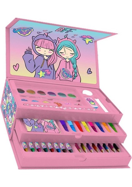 Kız Çocukları Için Hediye Kutulu Boyama Seti 1 Paket 12 Li Suluboya 8 Li Keçeli Kalem 8 Li Kuruboya 8 Li Pastel Boya