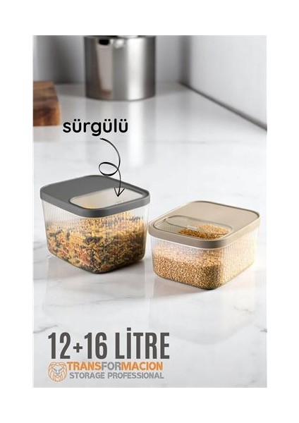 Modacar Erzak Bakliyat Kutusu Sürgülü Kapak Saklama Kabı 12 ve 16 Litre 2 Li