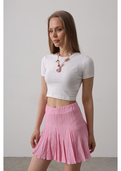 Beli Lastikli Mini Etek - Pembe