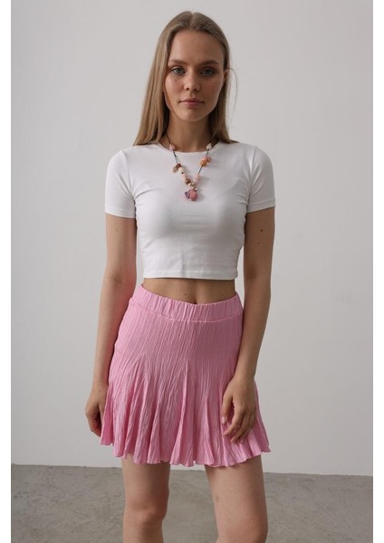 Beli Lastikli Mini Etek - Pembe