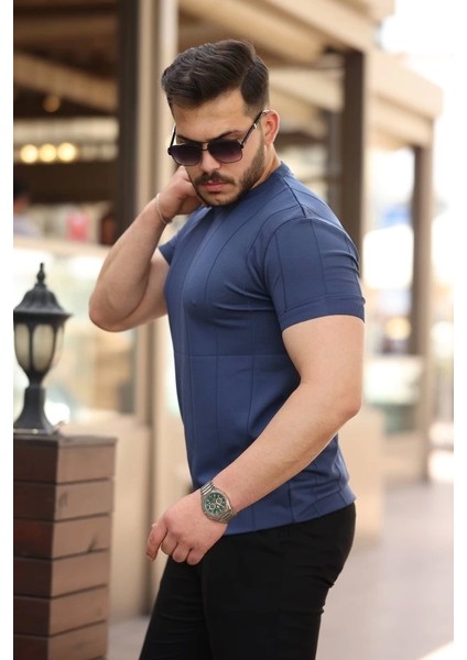 Erkek Ince Çizgi Dokulu Bisiklet Yaka Kısa Kollu T-Shirt