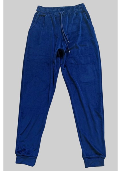 Parlak Kadife Cepli Pantolon Eşofman Pijama Altı Büyük Beden Unisex Lastikli Paça Lacivert