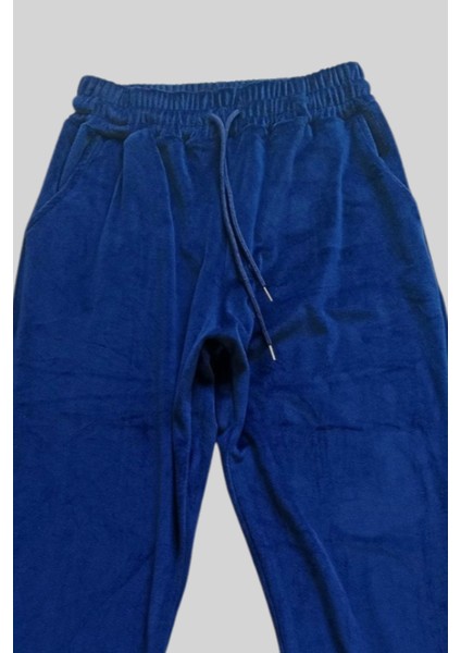 Parlak Kadife Cepli Pantolon Eşofman Pijama Altı Büyük Beden Unisex Lastikli Paça Lacivert