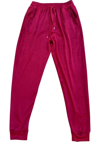 Parlak Kadife Cepli Pantolon Eşofman Pijama Altı Büyük Beden Unisex Lastikli Paça Bordo