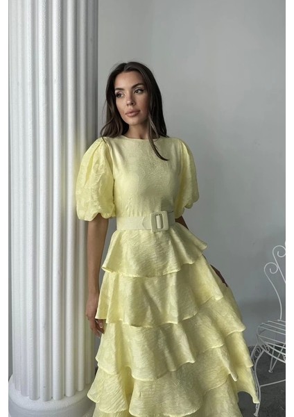 Sarı Kat Kat Balon Kollu Kemerli Elbise