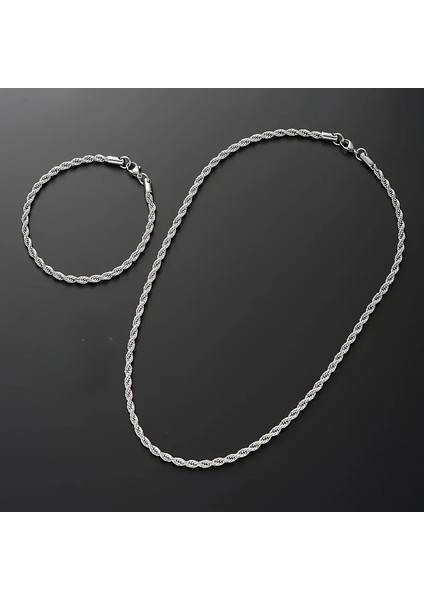 Çelik Takı Seti Bileklik Kolye Ince Burgu Zincir Model 3 mm Kalınlık 17-55 cm Uzunluk Gümüş Silver