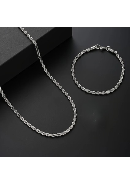 Çelik Takı Seti Bileklik Kolye Ince Burgu Zincir Model 3 mm Kalınlık 17-55 cm Uzunluk Gümüş Silver