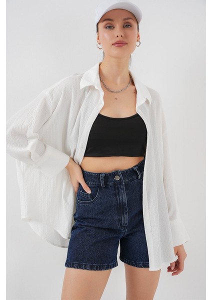 Örme Oversize Gömlek 20264 - Beyaz