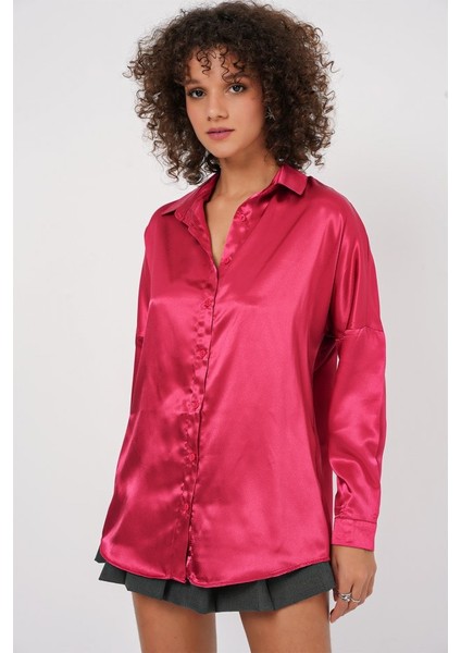 3985 Oversize Saten Gömlek - Bordo