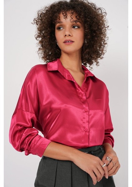 3985 Oversize Saten Gömlek - Bordo