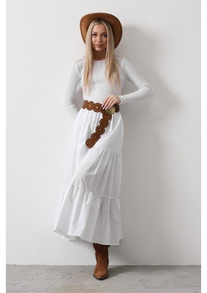 Pamuklu Beli Lastikli Etek - Beyaz