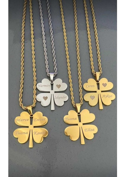 Altın Kaplama Isimli Burgu Zincirli Çelik Yonca Kolye (60 Cm)