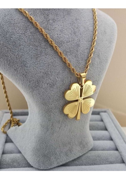 Altın Kaplama Isimli Burgu Zincirli Çelik Yonca Kolye (60 Cm) modelleri