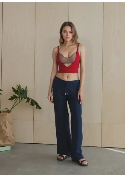 Kadın Bol Paça Ribanalı Beli Lastikli Dekoratif Bağcık Detaylı Pantolon