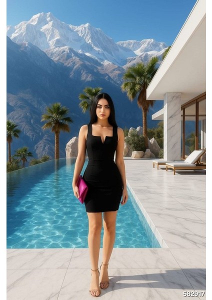 Kadın Krep Dalgıç Kumaş Kare Yaka Dekolteli Mini Boy Elbise