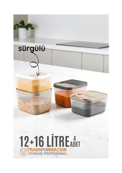 Modacar Erzak Bakliyat Kutusu Sürgülü Kapak Saklama Kabı 12 ve 16 Litre 4 Lü