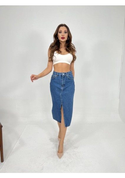 6478 Denim Mıdı Slıt Skırt-Mavi
