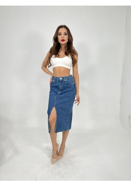 6478 Denim Mıdı Slıt Skırt-Mavi fiyatları