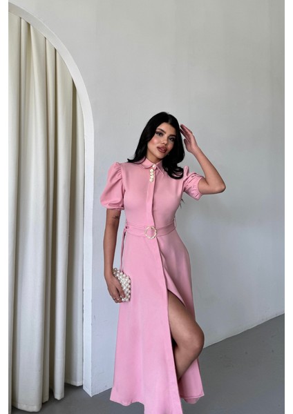Yaka Düğme Detaylı Elbise- Pembe