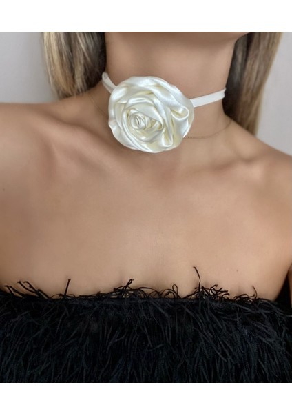 Saten Çiçek Choker Kolye Gül Choker