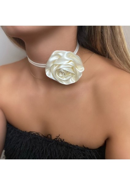 Saten Çiçek Choker Kolye Gül Choker