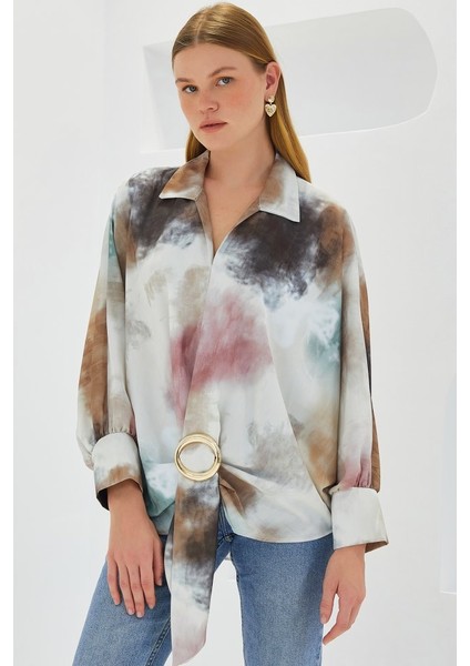 Hardal Ekru Oversize Dökümlü Saten Gömlek 907