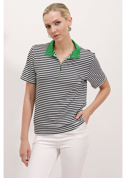 Yeşil Polo Yaka Fermuarlı Çizgili Tişört 0497