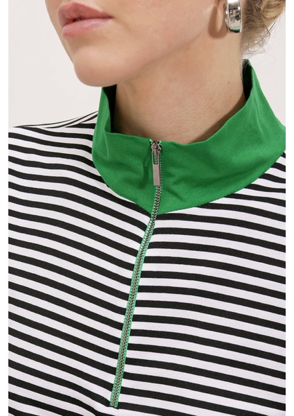 Yeşil Polo Yaka Fermuarlı Çizgili Tişört 0497