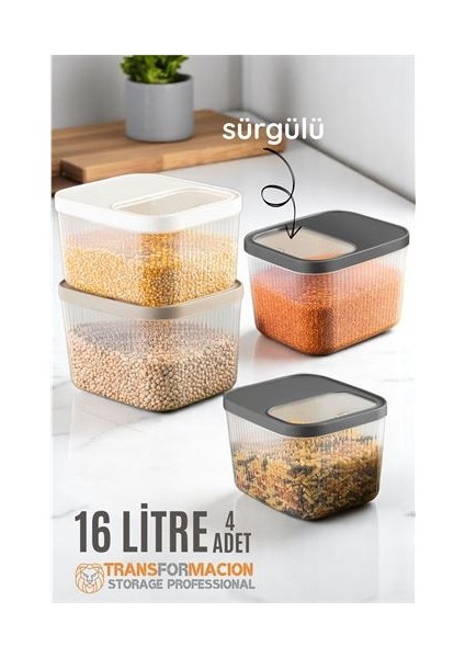 Modacar Erzak Bakliyat Kutusu Sürgülü Kapak Saklama Kabı 16 Litre 4 Adet