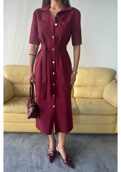 Tencel Önden Düğmeli Kısa Kol Elbise - Bordo