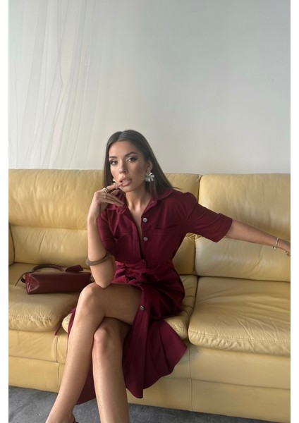 Tencel Önden Düğmeli Kısa Kol Elbise - Bordo