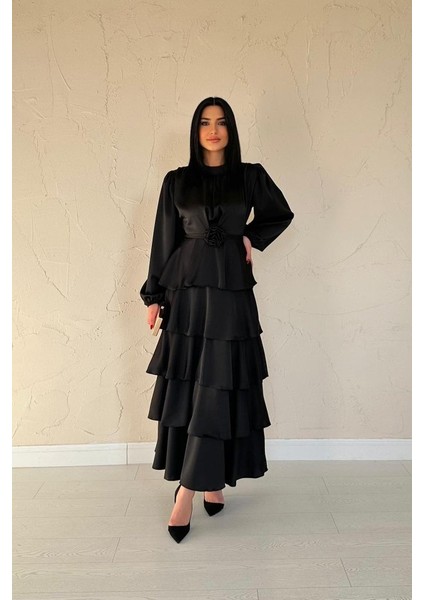 Siyah Saten Büzgülü Kat Kat Elbise fiyatları