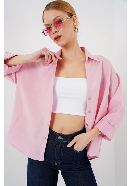 Oversize Kısa Kol Gömlek 20315 - Pembe