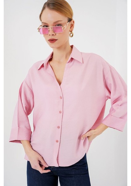 Oversize Kısa Kol Gömlek 20315 - Pembe