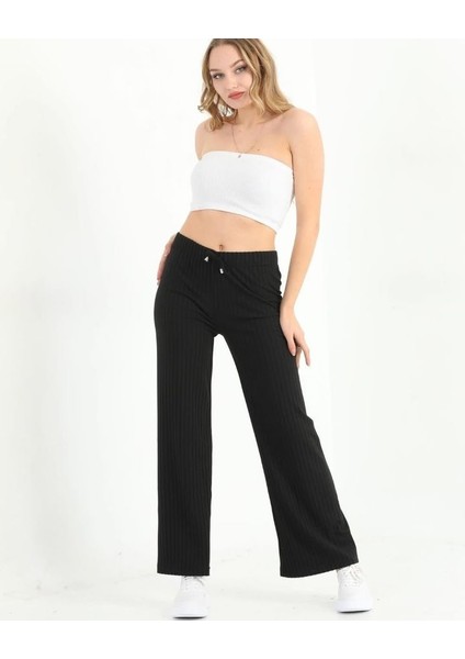 Kadın Bol Paça Ribanalı Beli Lastikli Dekoratif Bağcık Detaylı Pantolon fiyatları