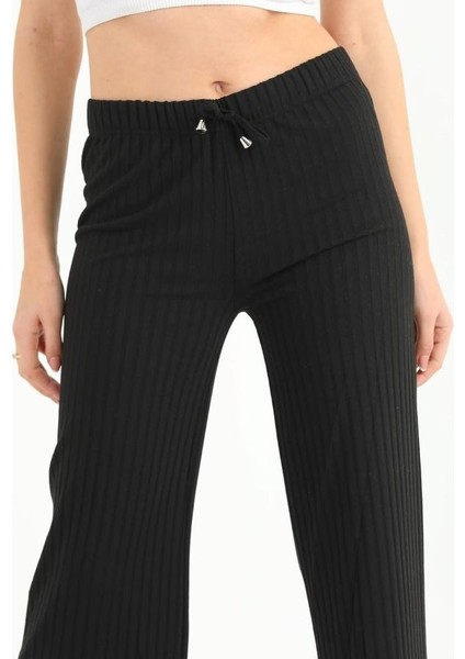 Kadın Bol Paça Ribanalı Beli Lastikli Dekoratif Bağcık Detaylı Pantolon modelleri