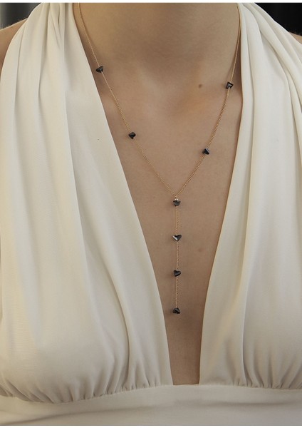 Siyah Kristal Gold Zincirli Y Kolye