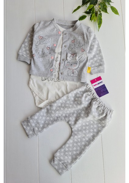 3-9 Ay Kız Bebek Takımı Stay Little Puan 3'lü Hırkalı Gri