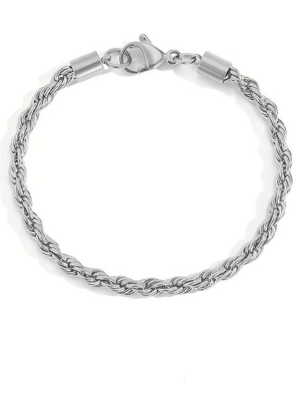 Çelik Bileklik Ince Burgu Zincir Model 3 mm Kalınlık 17 cm Uzunluk 6 cm Ek Gümüş Silver