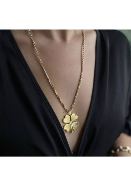 Kararmaz Yonca Kolye Burgu Zincir 60CM Kuyumcu Model Kolye, Kadın Kolye , Gold Yonca Kolye