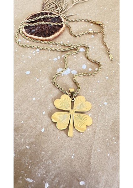 Kararmaz Yonca Kolye Burgu Zincir 60CM Kuyumcu Model Kolye, Kadın Kolye , Gold Yonca Kolye modelleri