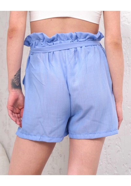 Kuşaklı Keten Şort Mavi S255265