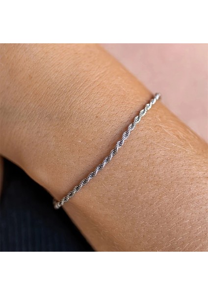 Çelik Bileklik Ince Burgu Zincir Model 4 mm Kalınlık 18 cm Uzunluk 5 cm Ek Gümüş Silver