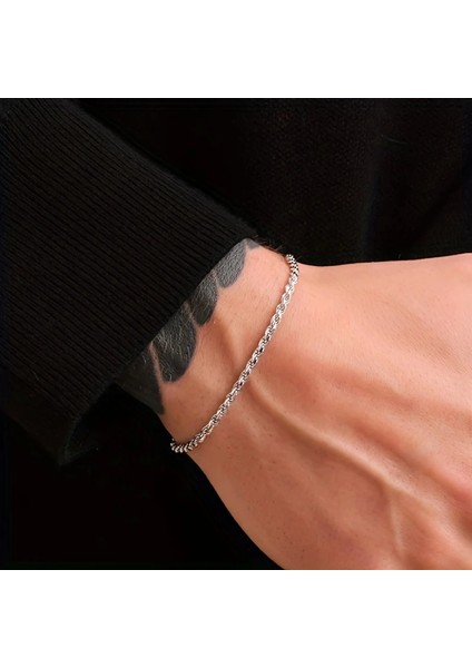 Çelik Bileklik Ince Burgu Zincir Model 4 mm Kalınlık 18 cm Uzunluk 5 cm Ek Gümüş Silver