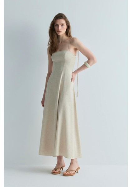 Natürel Melinda Askılı Keten Elbise