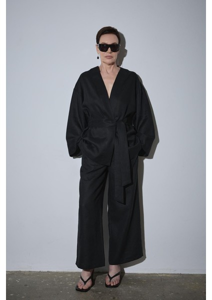 Siyah %100 Keten Eleni Culotte Pantolon